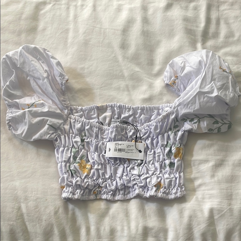 White Crop Top with yellow and green florall design.